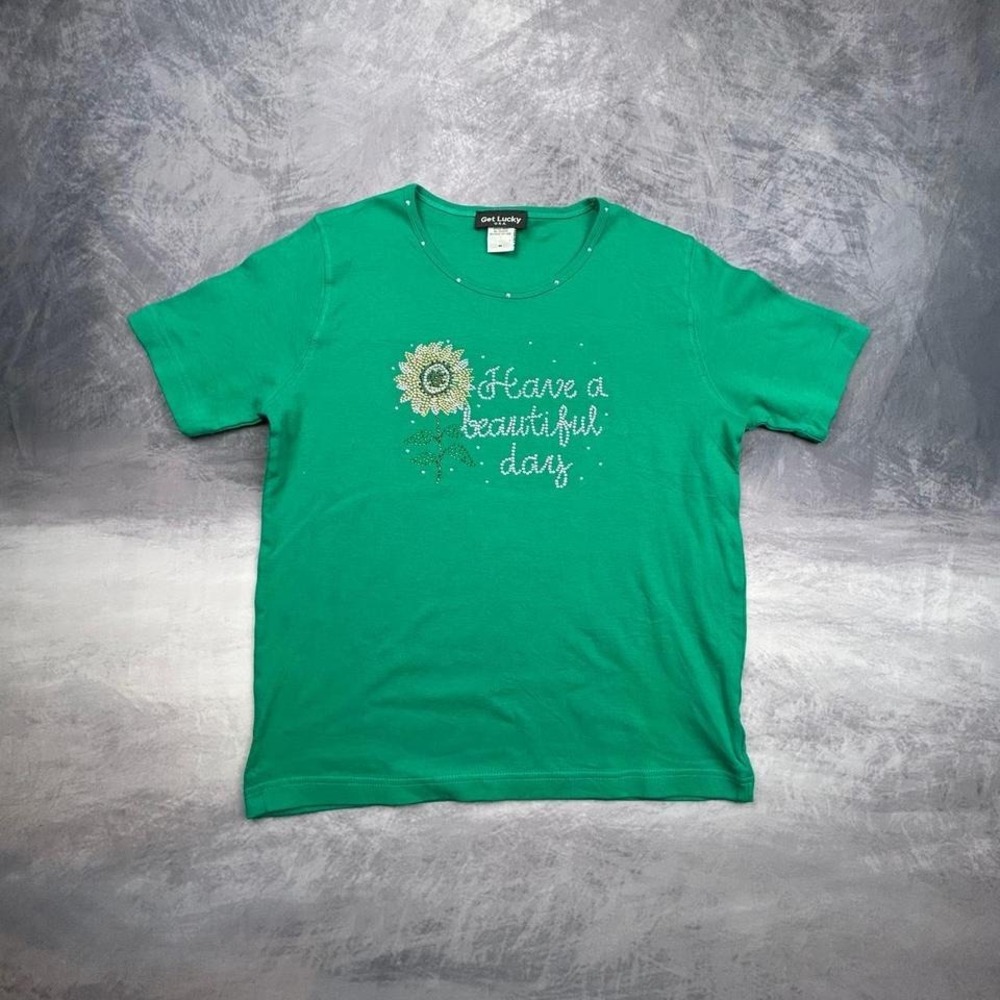 Green Get Lucky‎ rhinestone graphic tee